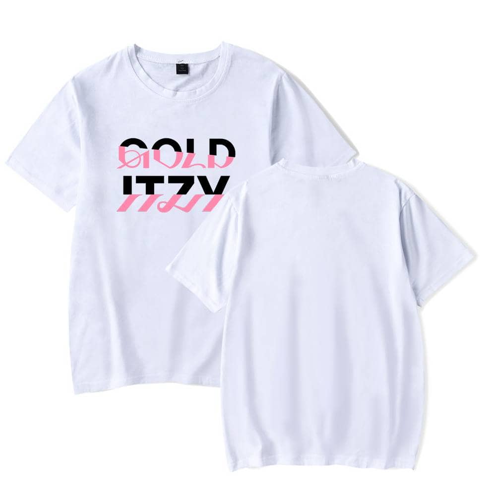 Bold graphic T-shirt with a modern black and pink mirrored "GOLD" print, featuring a comfortable crew neckline, perfect for casual wear and street style fashion enthusiasts.