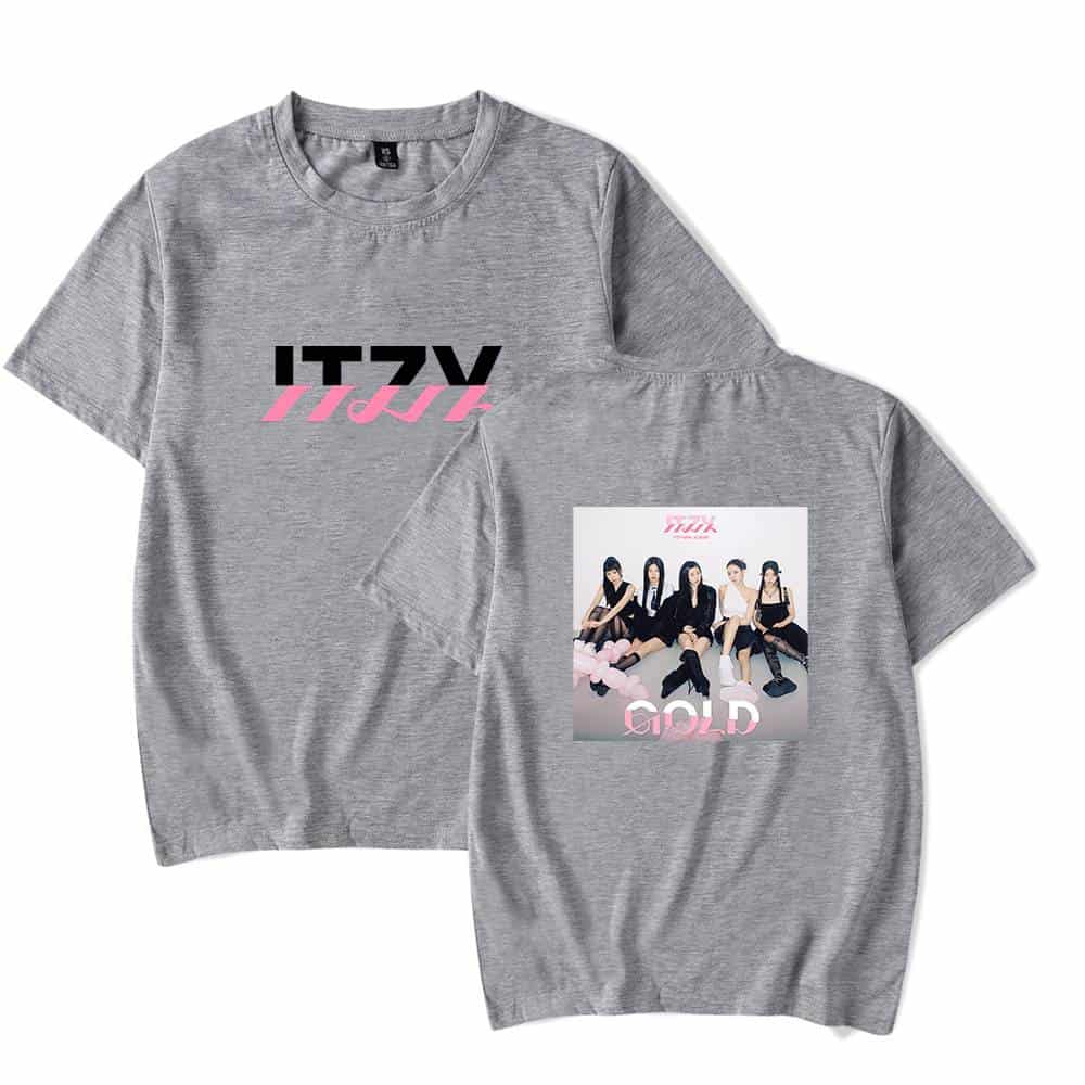 ITZY merchandise t-shirt featuring a group photo of the members with pink and black graphics.