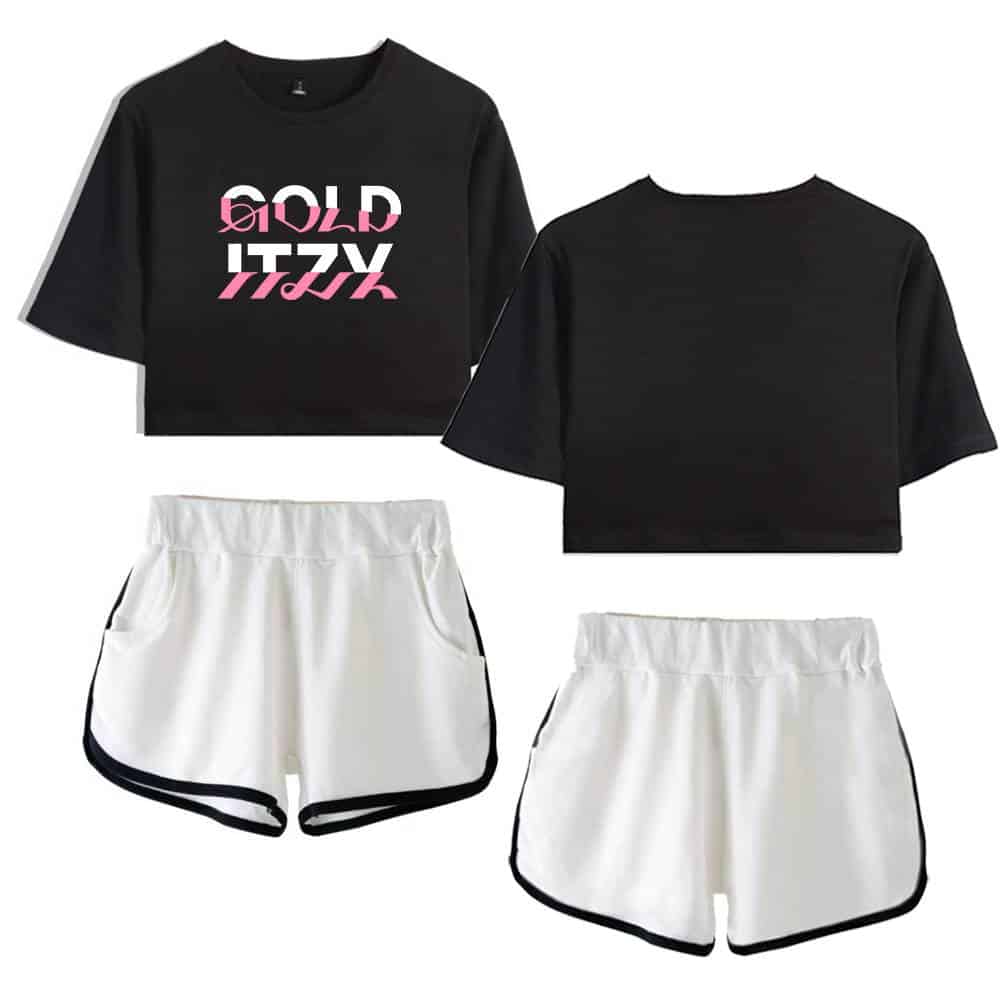Oversized black cropped t-shirt with "GOLD" and "ALL" graphic design in pink and white, paired with white athletic shorts with black trim perfect for casual or athletic wear.