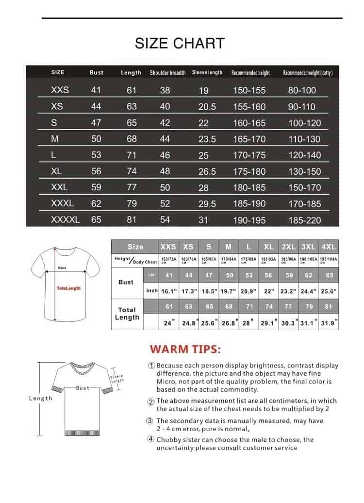 XXXS merch size chart, casual and stylish clothing size guide, detailed measurements for various sizes to ensure proper fit and comfort. Perfect for online shopping and apparel fit accuracy.
