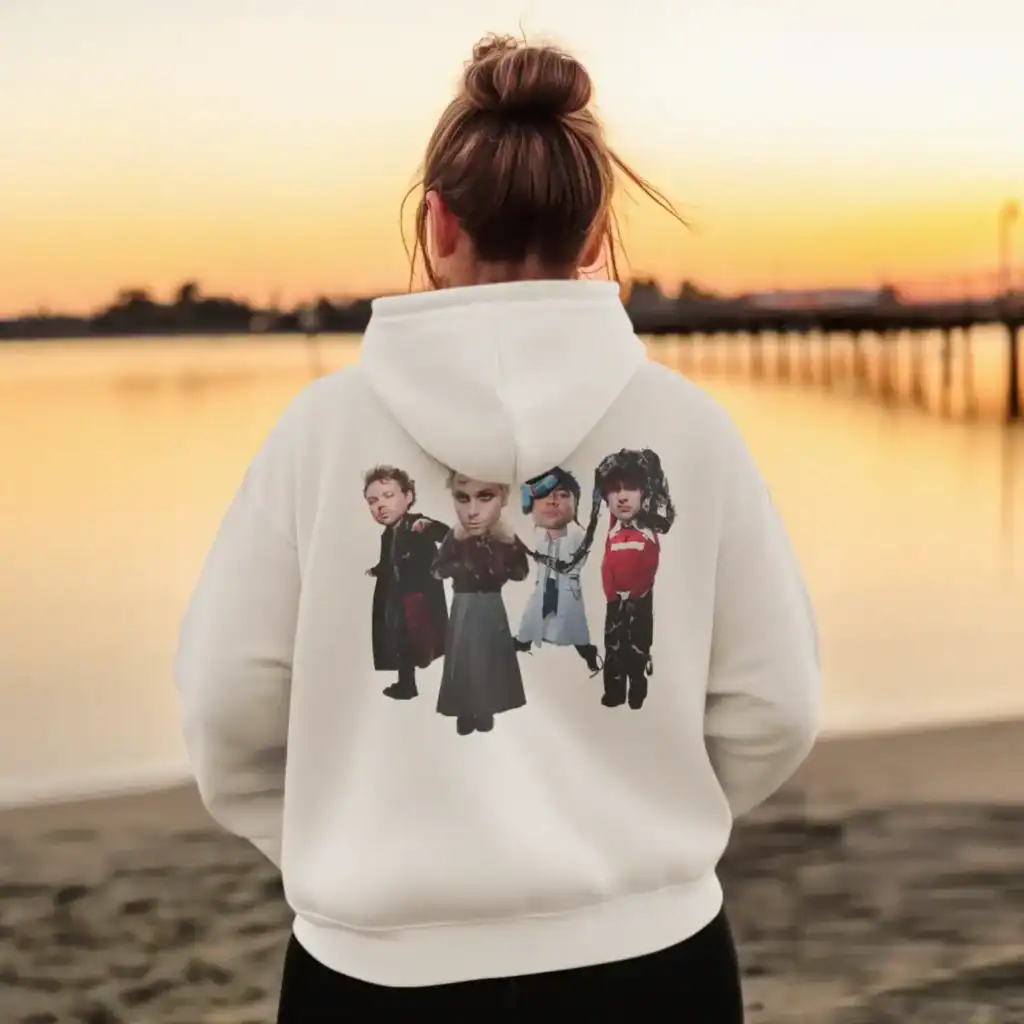 Anime band cartoon graphic on white hoodie, casual streetwear, music, concert merchandise, youth fashion.